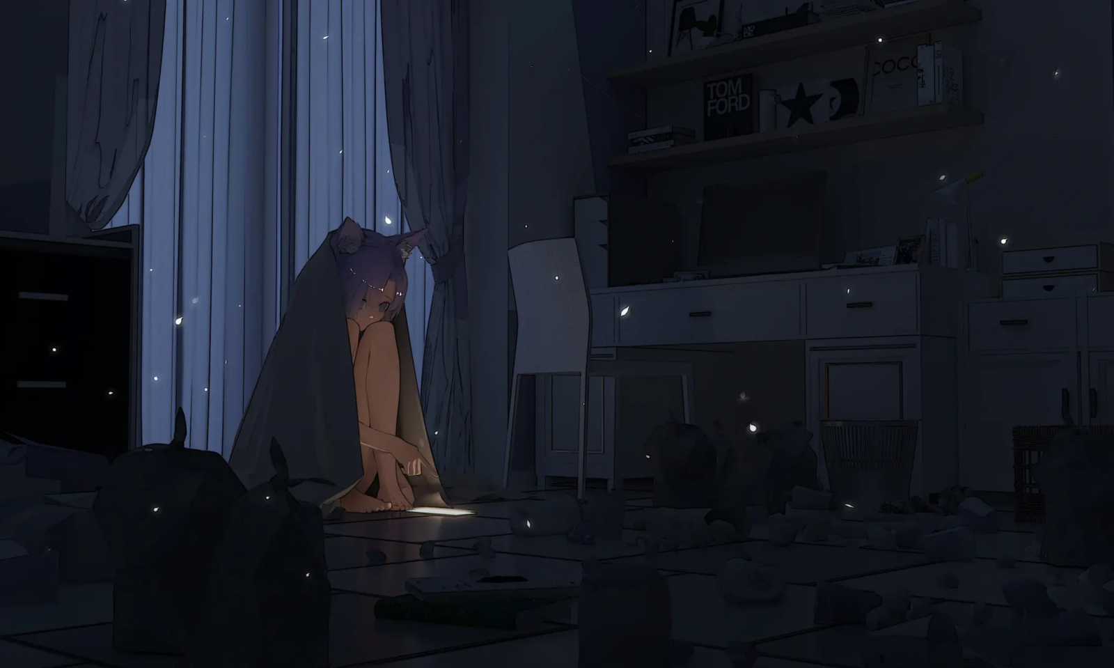 kočka dívka, telefon, noc