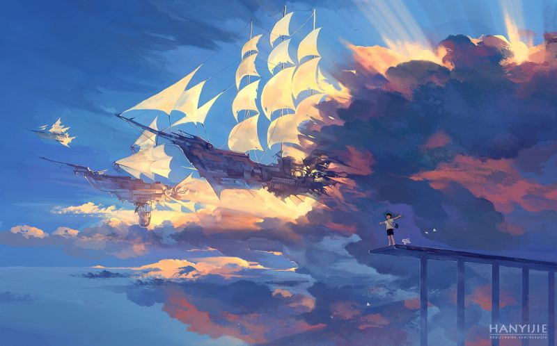 slunečnímu záření, loď, fantasy umění, anime, západ slunce, odraz slunečnímu záření, loď, fantasy umění, anime, západ slunce, odraz