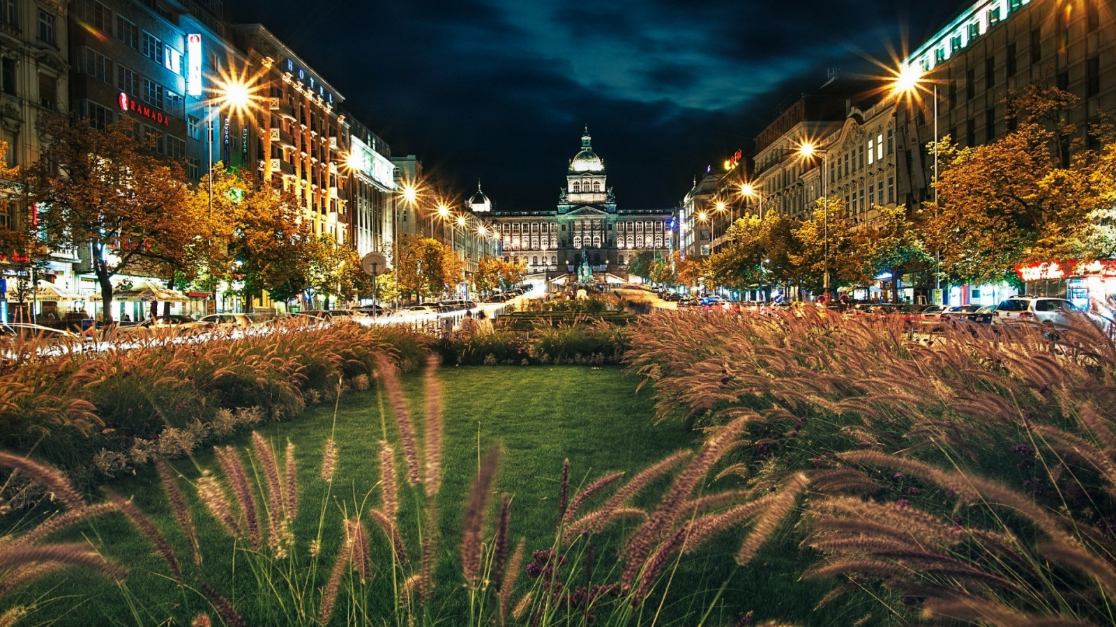 luci, strada luce, città, paesaggio urbano, notte, architettura, costruzione, riflessione, erba, piante, l'esposizione a lungo, nuvole, orizzonte, sera, scultura, statua, capitale, vecchio edificio, le scale, Praga, la piazza cittadina, cupola, Repubblica Ceca, albero, fiore, decorazione natalizia