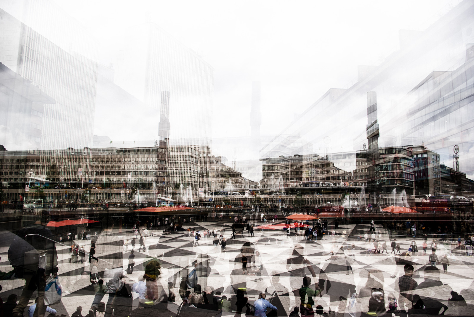 lidé, město, ulice, městský, budova, nebe, doubleexposure, Stockholm, Švédsko, metropole, struktura, barva, náměstí, streetphotography, 08, urban area, Metropolitní oblast, STHLM, multiexposure, Norrmalm, Sergelstorg