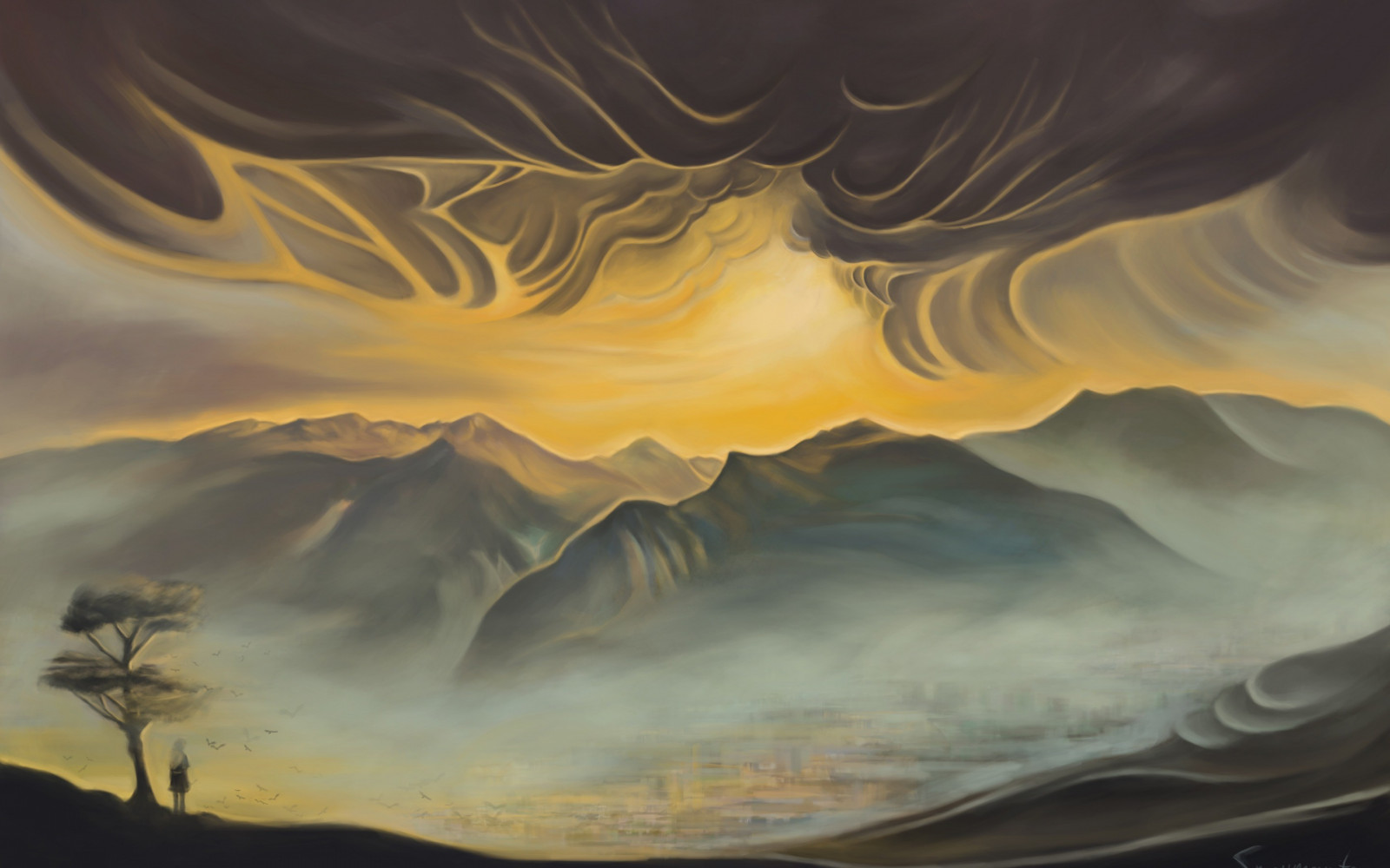 træer, maleri, bjerge, Digital kunst, fugle, Kvinder, Fantasy kunst, natur, kunstværk, skyer, bakker, tåge, by, atmosfære, KUNST, Sky, bølge, vinge, skærmbillede, computer tapet, atmosfære af jord, fraktale kunst