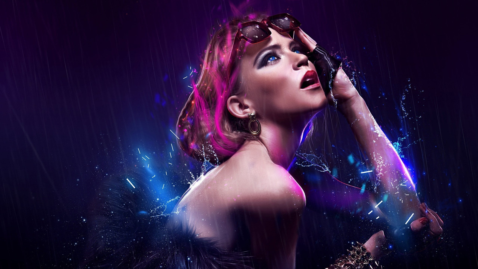 Digital kunst, model, abstrakt, blå, guitarist, sang, underholdning, skønhed, ydeevne, scene, mørke, koncert, 2560x1440 px, computer tapet, Photo shoot, musikteater, performance, scenekunst