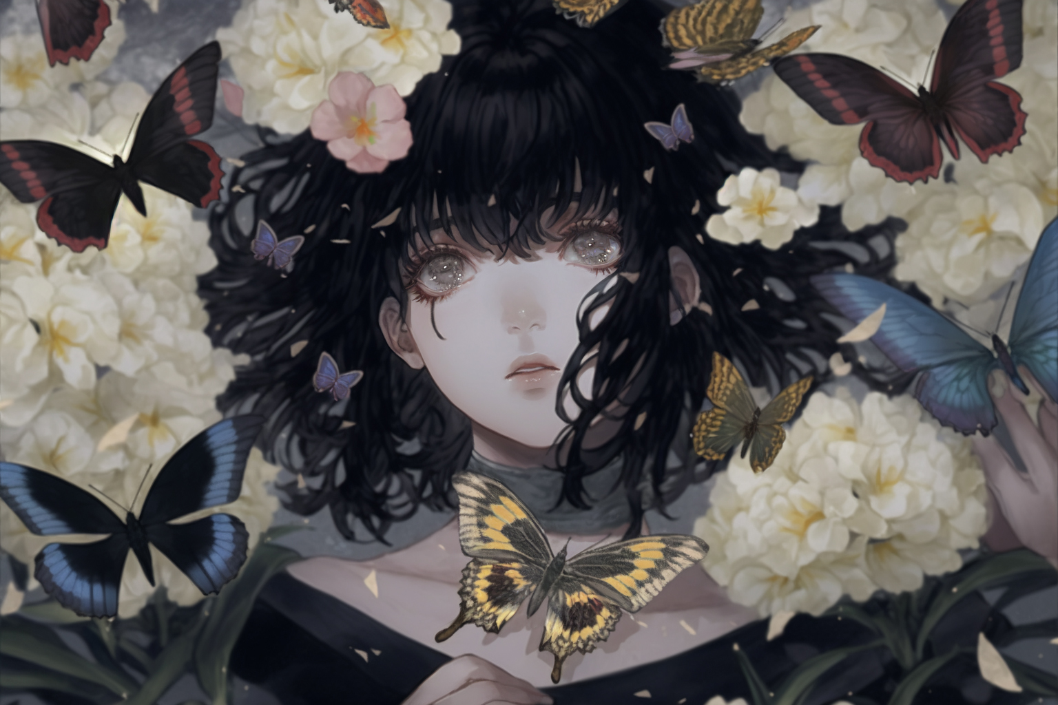 Anime, Anime cô gái, Brunette, Con bướm, Hoa