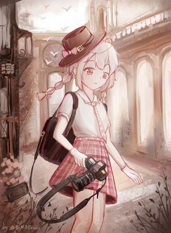 warma,anime girls,vertical,braids,hat,camera