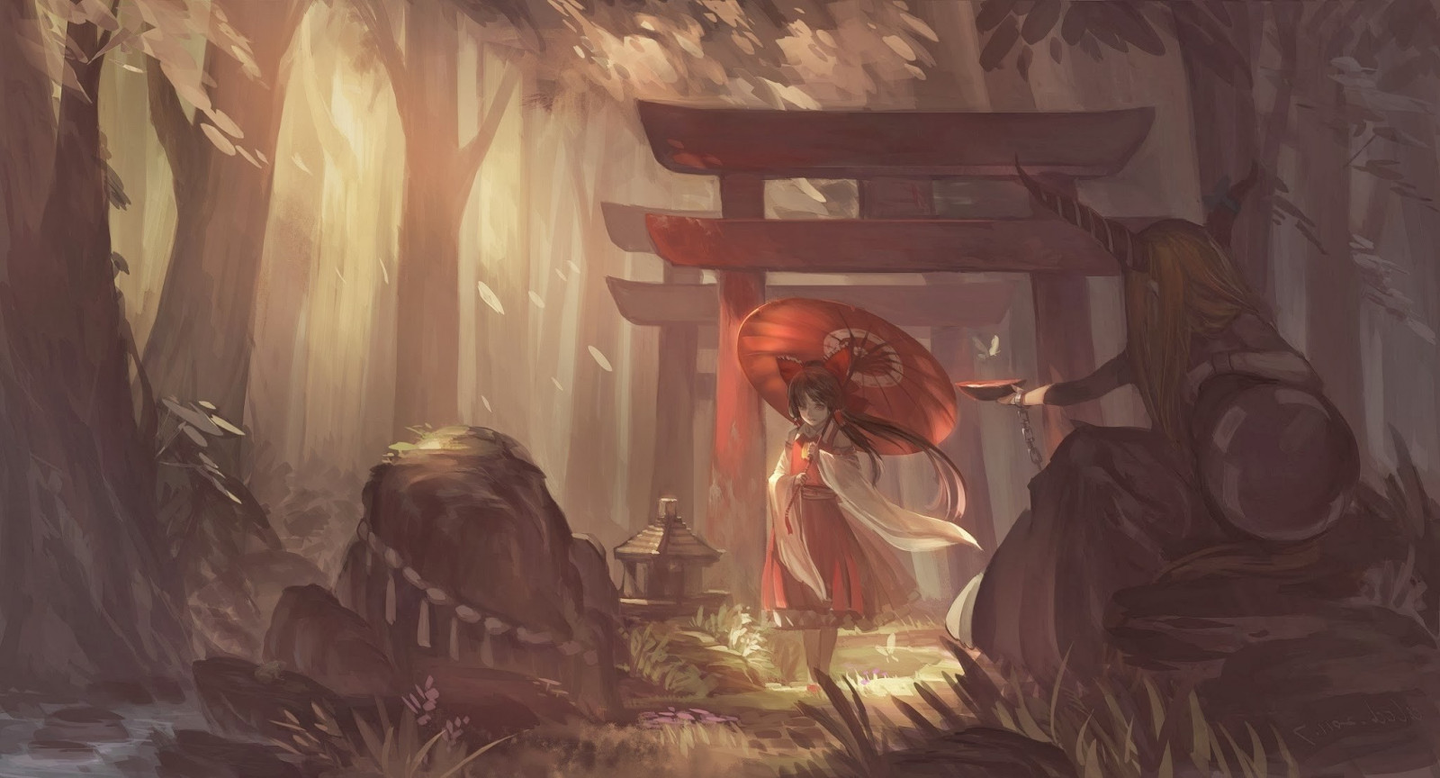 fantasy umenie, anime, torii, mytológie, screenshot, 2048x1106 px