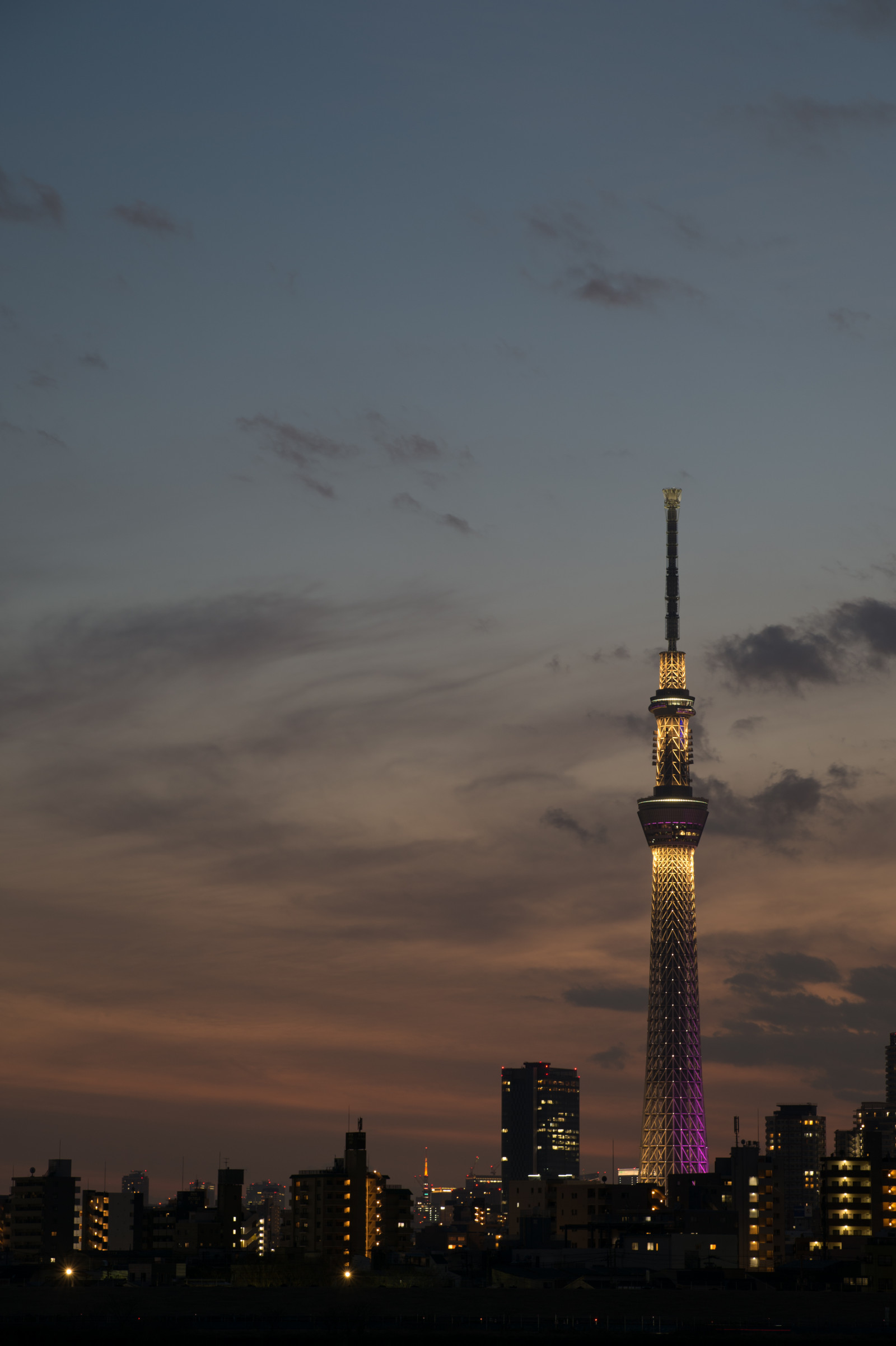 Japan, solnedgang, by, bybilledet, nat, arkitektur, afspejling, himmel, solopgang, skyline, skyskraber, aften, morgen, tårn, horisont, Nikon, skumring, Tokyo, Jp, Skytree, Sky, NIKKOR, daggry, belyst, belysning, milepæl, Tokyo Skytree, afs105mmf14eed, afsnikkor105mmf14eed, df, Miyabi, atmosfærisk fænomen, atmosfære af jord, menneskelig bosættelse