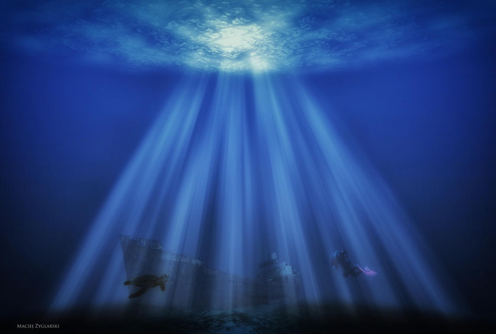 slunečnímu záření, Photoshop, moře, noc, odraz, nebe, modrý, Pod vodou, měsíční svit, horizont, atmosféra, odlesk objektivu, odpočinek, světlo, hluboký, tma, Snímek obrazovky, atmosférický jev, počítač tapeta, 30fav