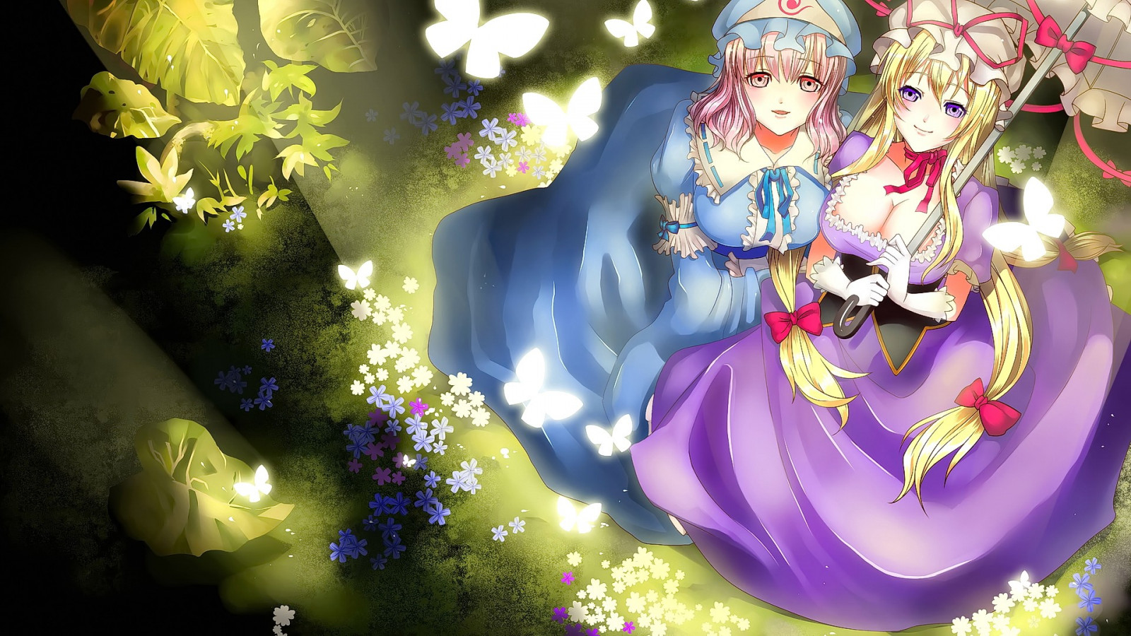 illustration, anime, Anime piger, Touhou, Saigyouji Yuyuko, mytologi, Yakumo Yukari, skærmbillede, computer tapet, fiktiv karakter