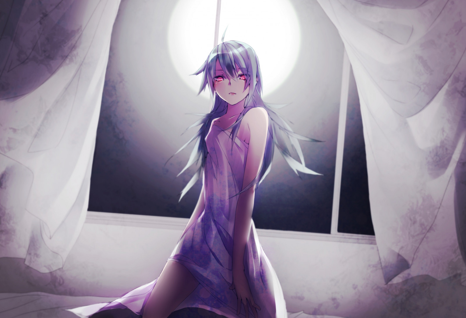vindue, anime, Anime piger, fotografering, lilla, kjole, Vocaloid, røde øjne, Megpoid Gumi, skærmbillede, fiktiv karakter