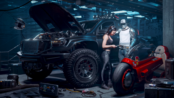 digital art,artwork,illustration,CGI,couple,SUV
