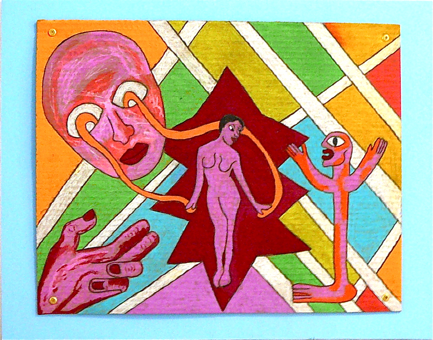 tvář, výkres, malování, lidé, ilustrace, ženy, ruce, oči, Červené, DeviantArt, hvězdy, dřevo, zelená, žlutý, modrý, kreslená pohádka, oranžový, růžový, lepenka, UMĚNÍ, geometrický, žena, moderní umění, fantazie, podivný, rawart, lidové umění, outsiderart, soudobé umění, surrealismus, samouk, expresionismus, artbrut, naiveart, visionaryart, primitiveart, jenniferbeinhackercom, artonwood, artnaif, pastely, artoncardboard, watersolublepastels, překližka, osoby, cardboardart, Colorblock, geometricart, colorblockart, moderní umění, dítě art