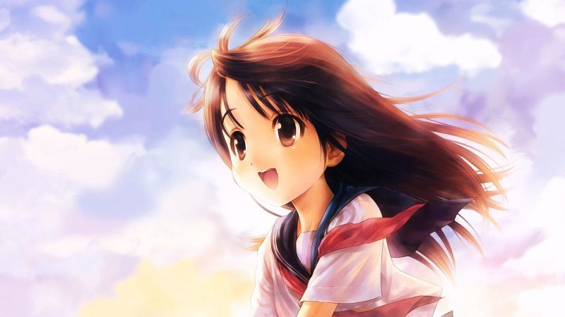 lang haar,anime,animemeisjes,ogen,brunette,hemel
