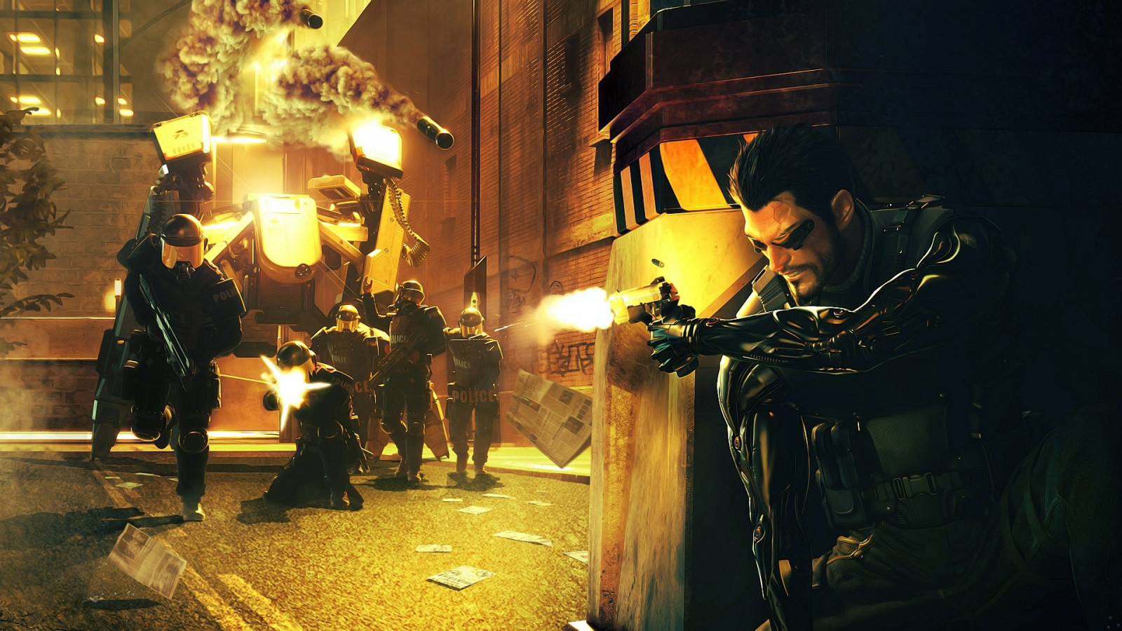 Deus Ex, Adam Jensen, politi, skydning, robot