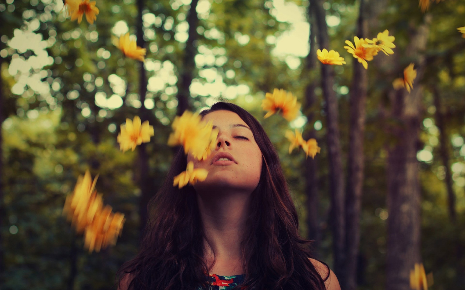 Wallpaper women, model, yellow flowers, forest 1920x1200