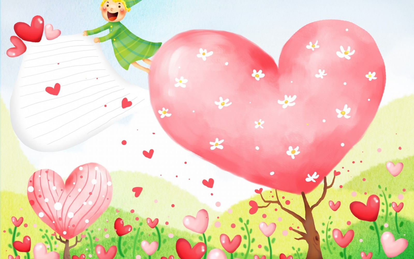 ilustrace, květiny, srdce, balón, Valentýn, Hračka, Let, květ, srdíčka, okvětní lístek, elf, orgán