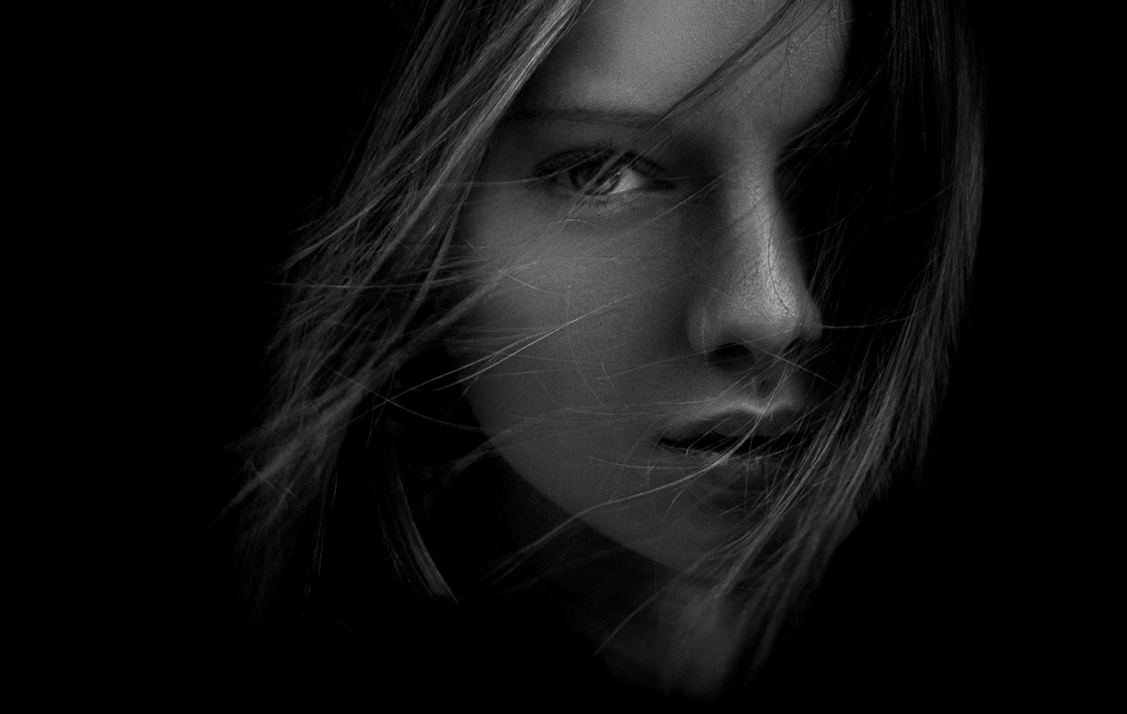 cara, negro, mujer, monocromo, modelo, retrato, pelo largo, fotografía, boca, nariz, cabeza, ojo, oscuridad, en blanco y negro, Fotografía monocroma, Pelo castaño, Organo, de cerca, 2048x1299 px