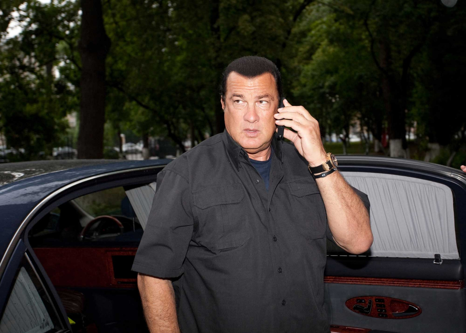 Auto, Brünette, Fahrzeug, Darsteller, Berühmtheit, Person, Fahren, Mann, sich unterhalten, Automobil machen, Luxusfahrzeug, Steven Seagal