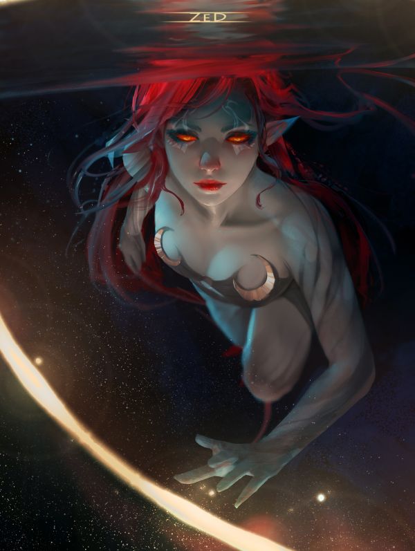 drawing,women,Trungbui,redhead,red eyes,underwater