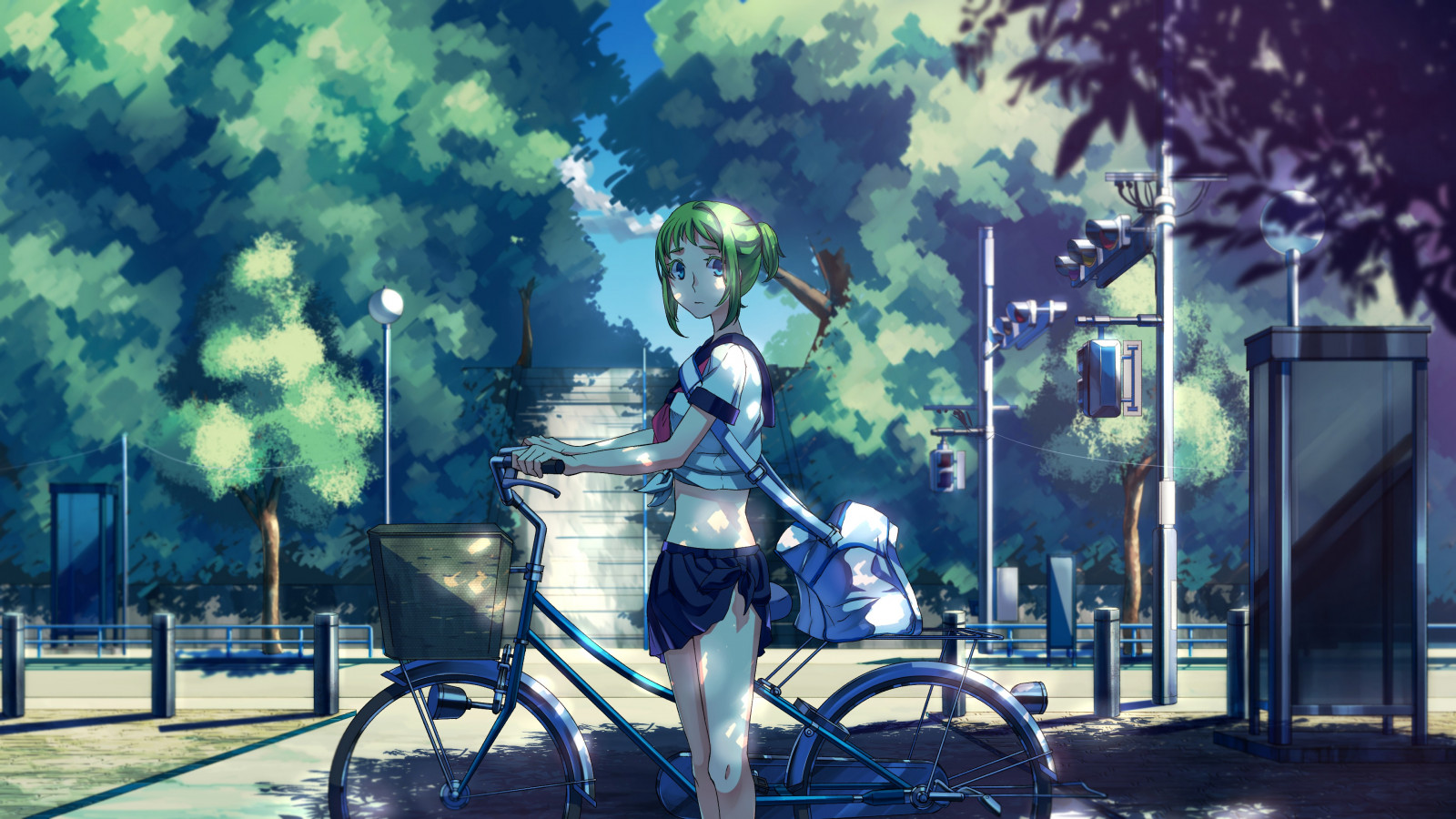Wallpaper : anime girls, bicycle, blue, school uniform, Vocaloid