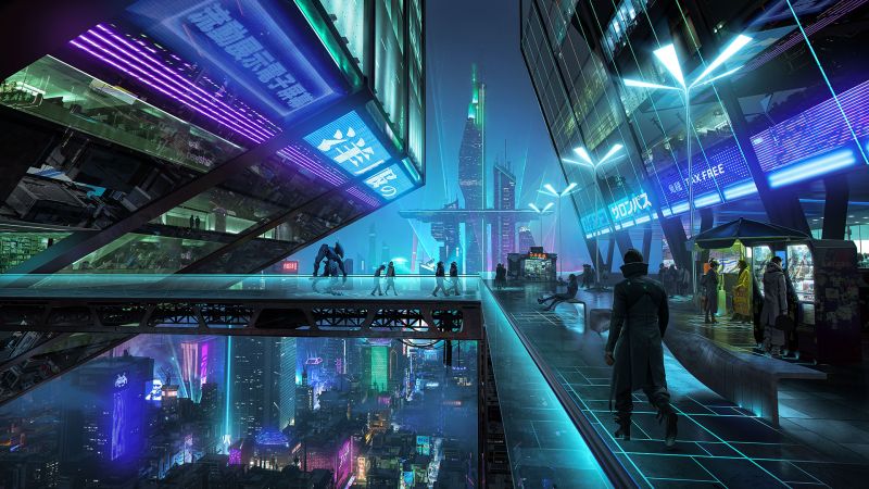 digital art,building,neon,lights