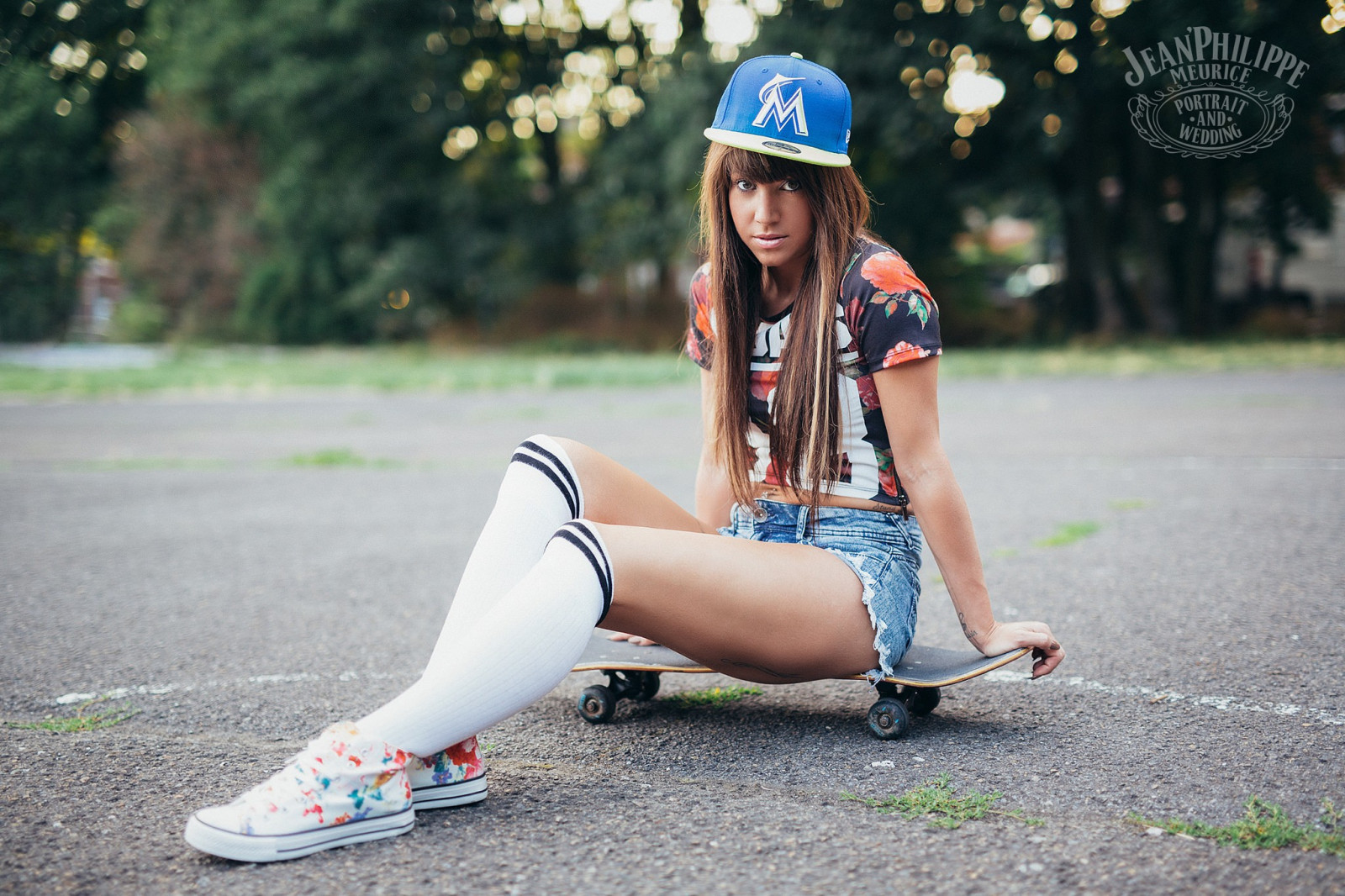 Wallpaper Women Legs Sitting Jean Shorts White Stockings Baseball Caps Skateboard 