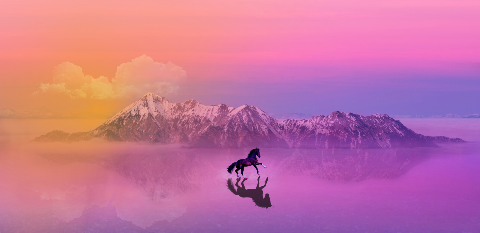 Wallpaper horse, landscape, reflection, sunset, nature, mountains