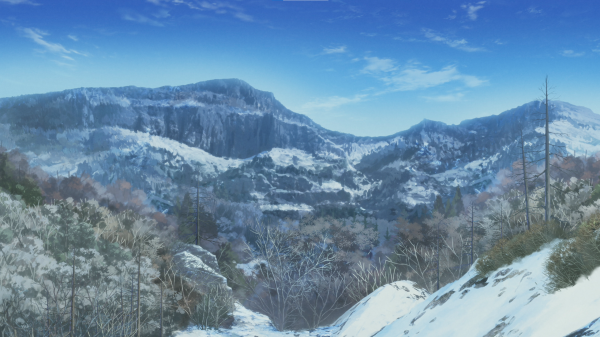 Yuru Camp,mountains,drawn,snow,forest,landscape