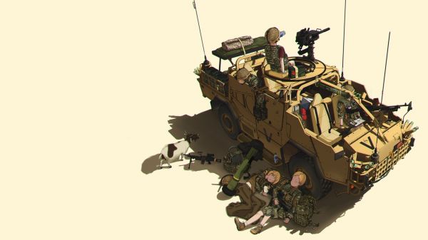 vehicle, military, illustration, digital art, anime, machine