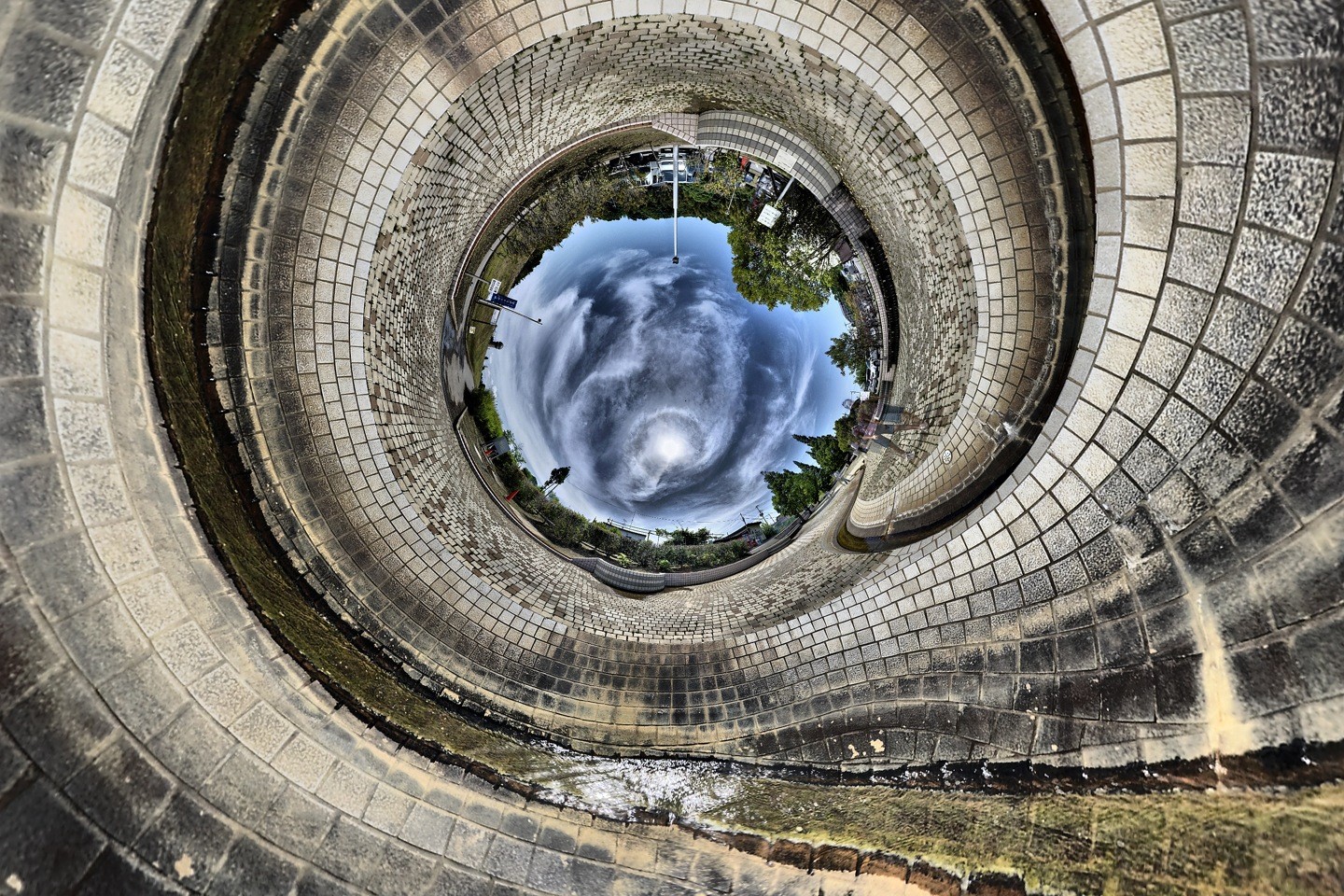 trees, street, architecture, urban, building, photography, clouds, HDR, tire, tiles, tunnel, stadium, transport, panoramic sphere, infrastructure, wheel, automotive tire