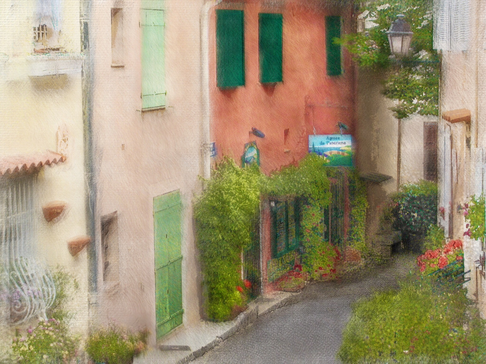 maleri, vindue, gammel, græs, væg, hus, grøn, landsby, dør, Frankrig, Provence, lys, træ, rejse, gyde, impressionisme, maling, billedmanipulation, facade, malerisk, cotedazur, kvarter, gårdsplads, ejendom, hacienda, digitalphotoart, ipadpainting, painterlyapp, southoffrance, C ted azur