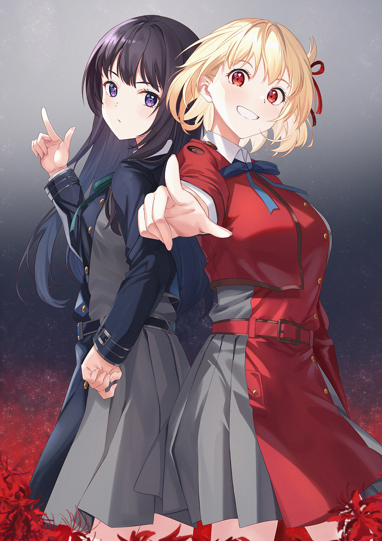 anime, fete anime, Lycoris Recoil, Nishikigi Chisato, Inoue Takina, par scurt, blondă, par lung, brunet, two women, opera de arta, arta digitala, fan al artei