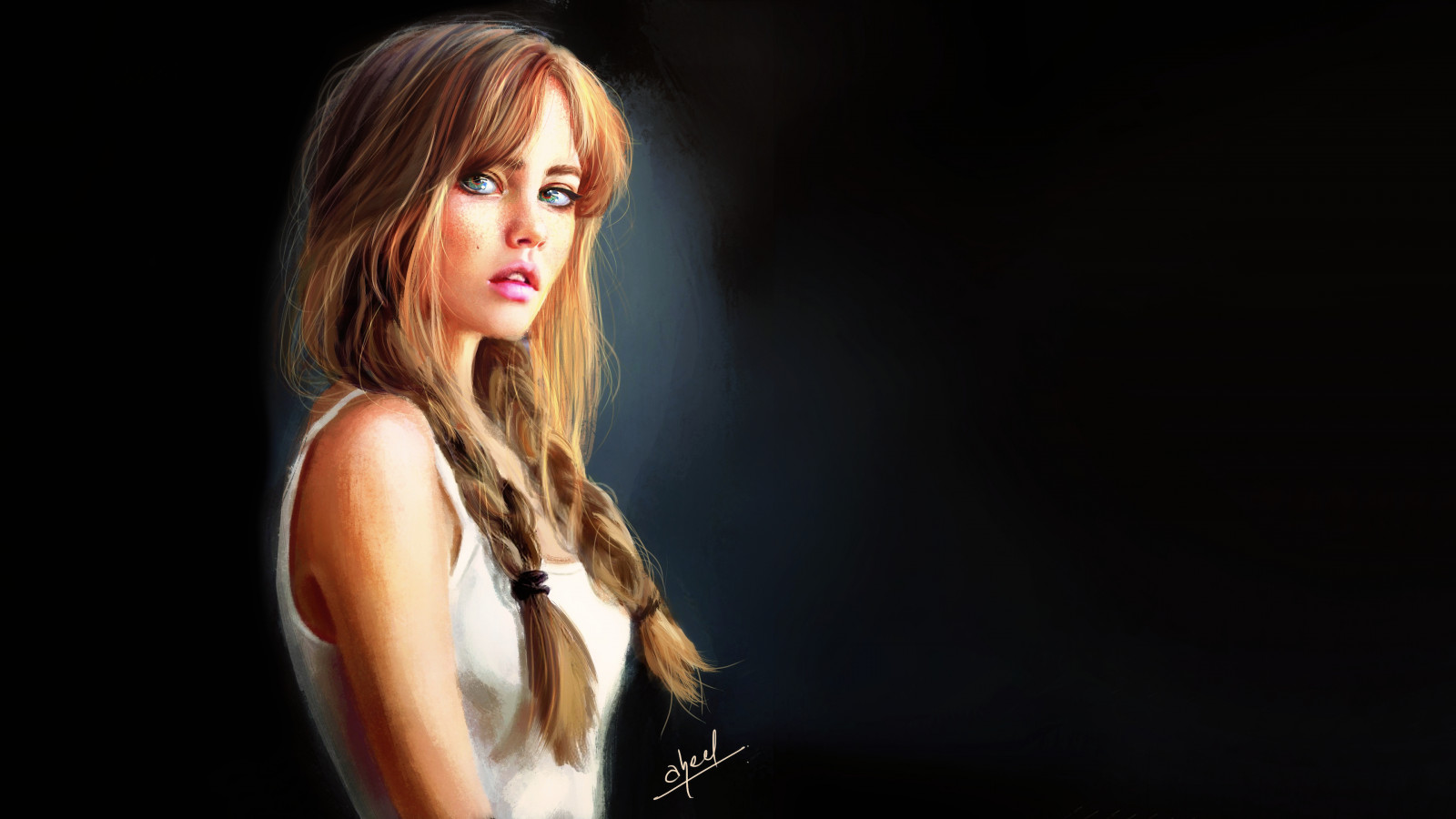 women, portrait, people, face, science fiction, digital art, concept art, artwork, fantasy art, fan art, CGI, fantasy girl, painting, closeup, hair in face, realistic, Photoshop, frontal view, long hair, simple background, looking at viewer, Anastasia Scheglova, brunette, model, green eyes, teen