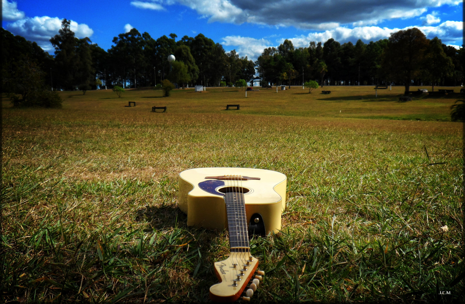 Wallpaper sunlight, landscape, sky, park, guitar, musical instrument