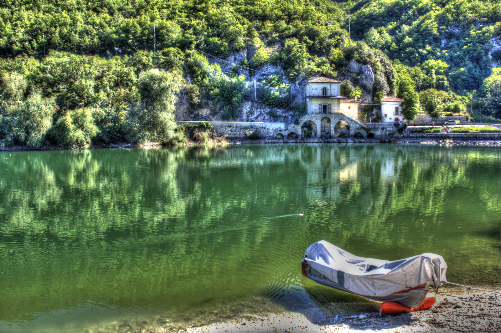 jezero, odraz, strom, verde, zelená, alberi, lago, loď, kachna, probudit, barca, oblouky, abruzzo, archi, riflesso, Papera, scia, riflessione, Scanno, esinuhe69