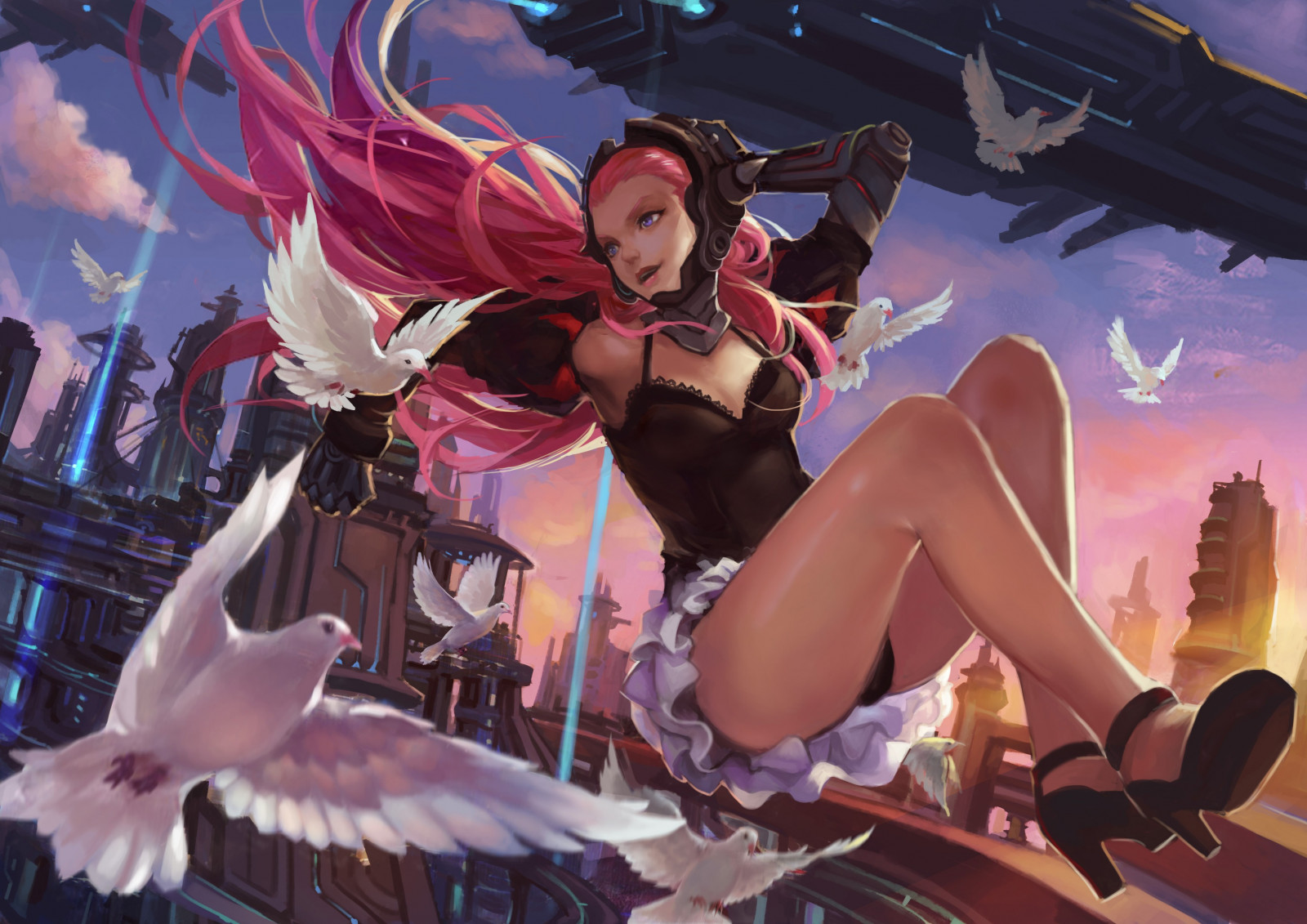 ptactvo, dlouhé vlasy, anime, anime dívky, nohy, výstřih, korzet, kalhotky, Mini sukně, komiks, lodičky, zvedání sukně, Snímek obrazovky, fiktivní postava, komiks