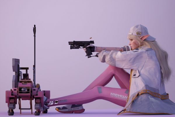 Junhoo Kang, CGI, women, jacket, pointy ears, cyberpunk