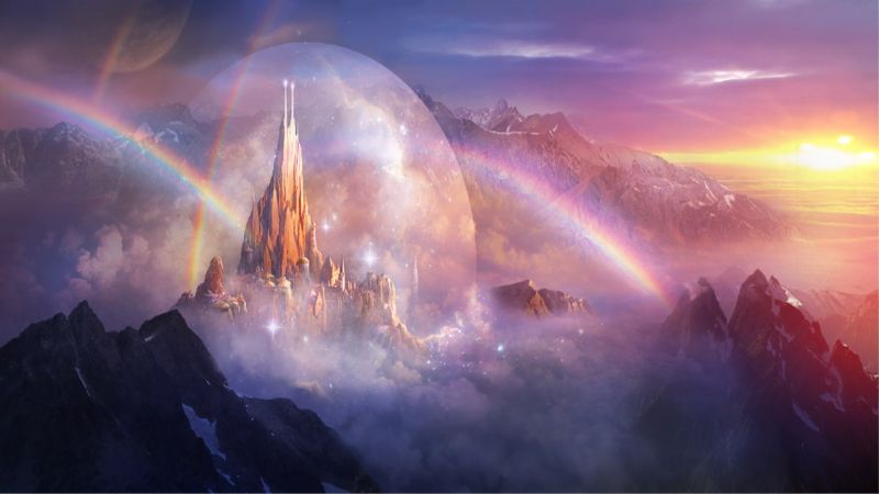 sunlight, rainbows, atmosphere, sunrise, castle, concept art sunlight, rainbows, atmosphere, sunrise, castle, concept art