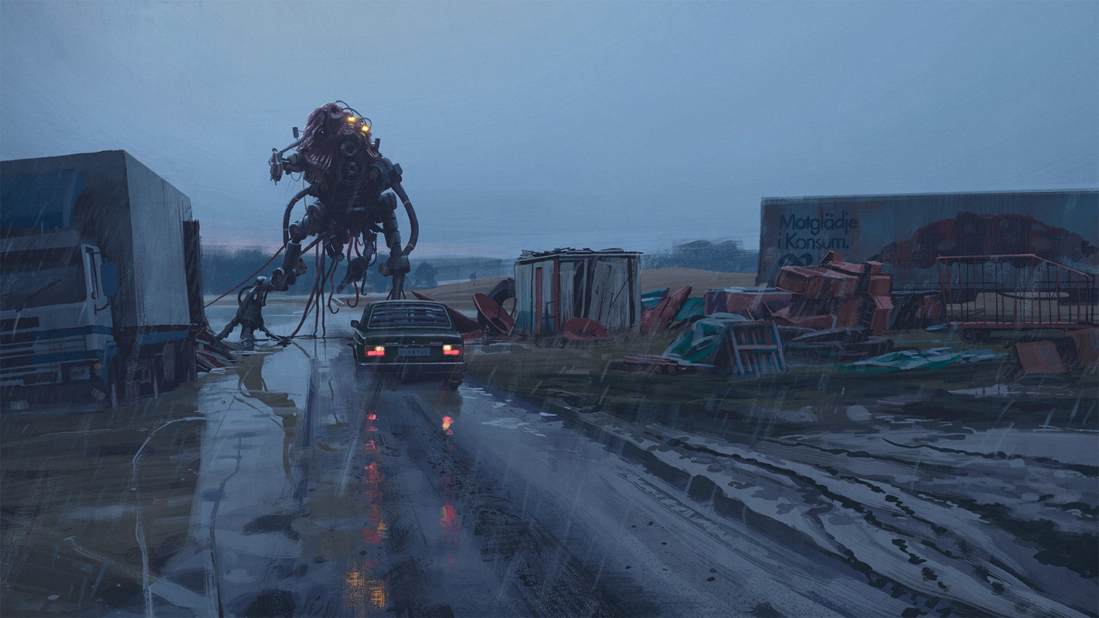 sníh, zima, silnice, umělecká díla, Simon Stalenhag, počasí, Snímek obrazovky, Atmosféra Země