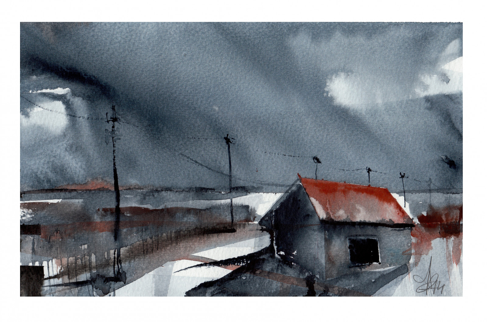 silnice, střecha, zima, Červené, Dům, UMĚNÍ, okno, déšť, mraky, vodové barvy, papír, krajina, Šedá, drát, umělec, akvarel, hiver, horizont, pluie, fil, trasa, obklady, malíř, Fred, přistát, elektřina, stožáry, mraky, paysage, maison, toit, papier, Fenetre, platí, poteaux, artista, lectricit, peintre, Tuiles