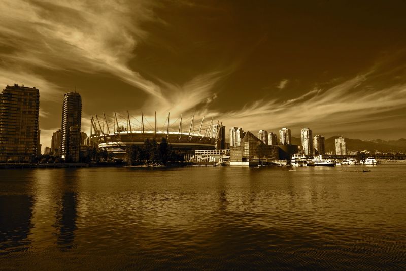 odraz, nebe, voda, panoráma města, panoráma, město