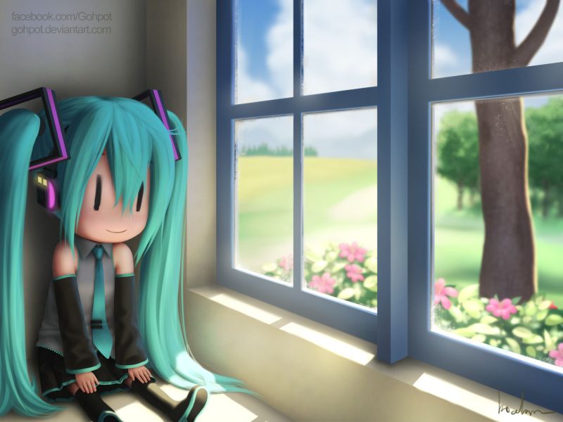 pokoj, místnost, Vocaloid, Hatsune Miku, okno, anime, zelená pokoj, místnost, Vocaloid, Hatsune Miku, okno, anime, zelená