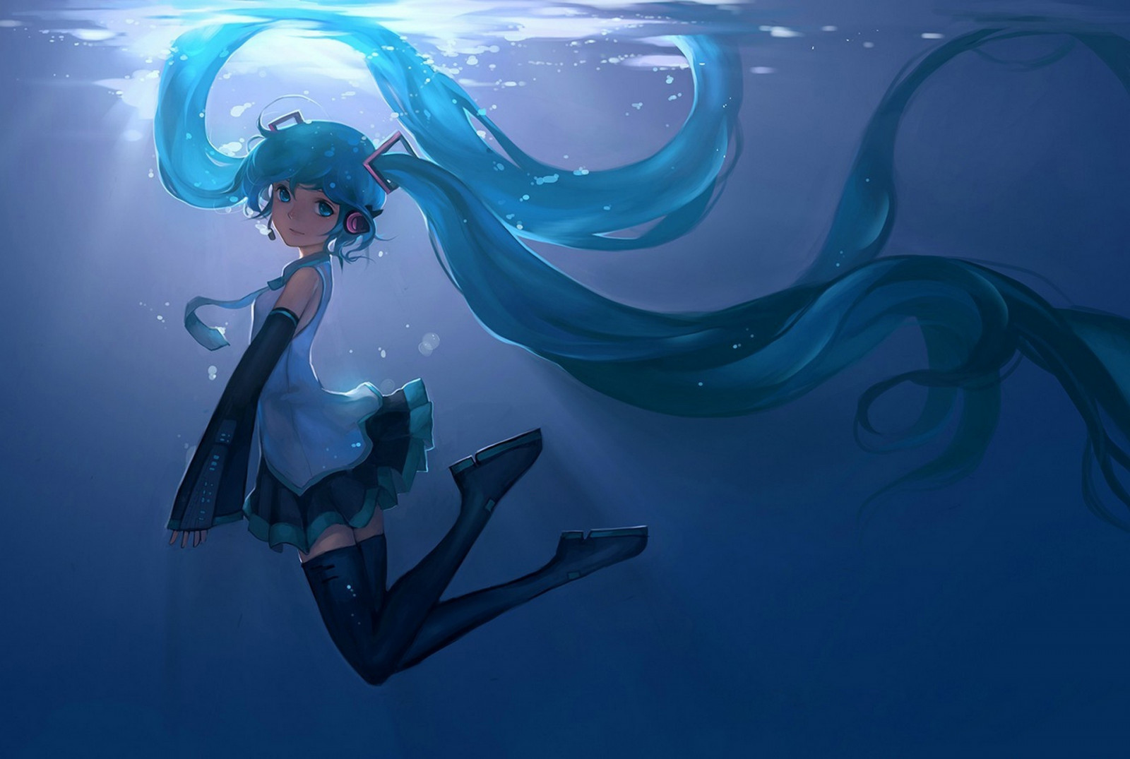 illustrasjon, blå, Vocaloid, Hatsune Miku, under vann, pike, skjermbilde, skrivebordsbakgrunn