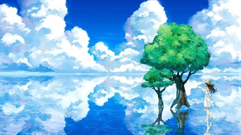 sunlight, trees, illustration, anime, looking away, long hair sunlight, trees, illustration, anime, looking away, long hair
