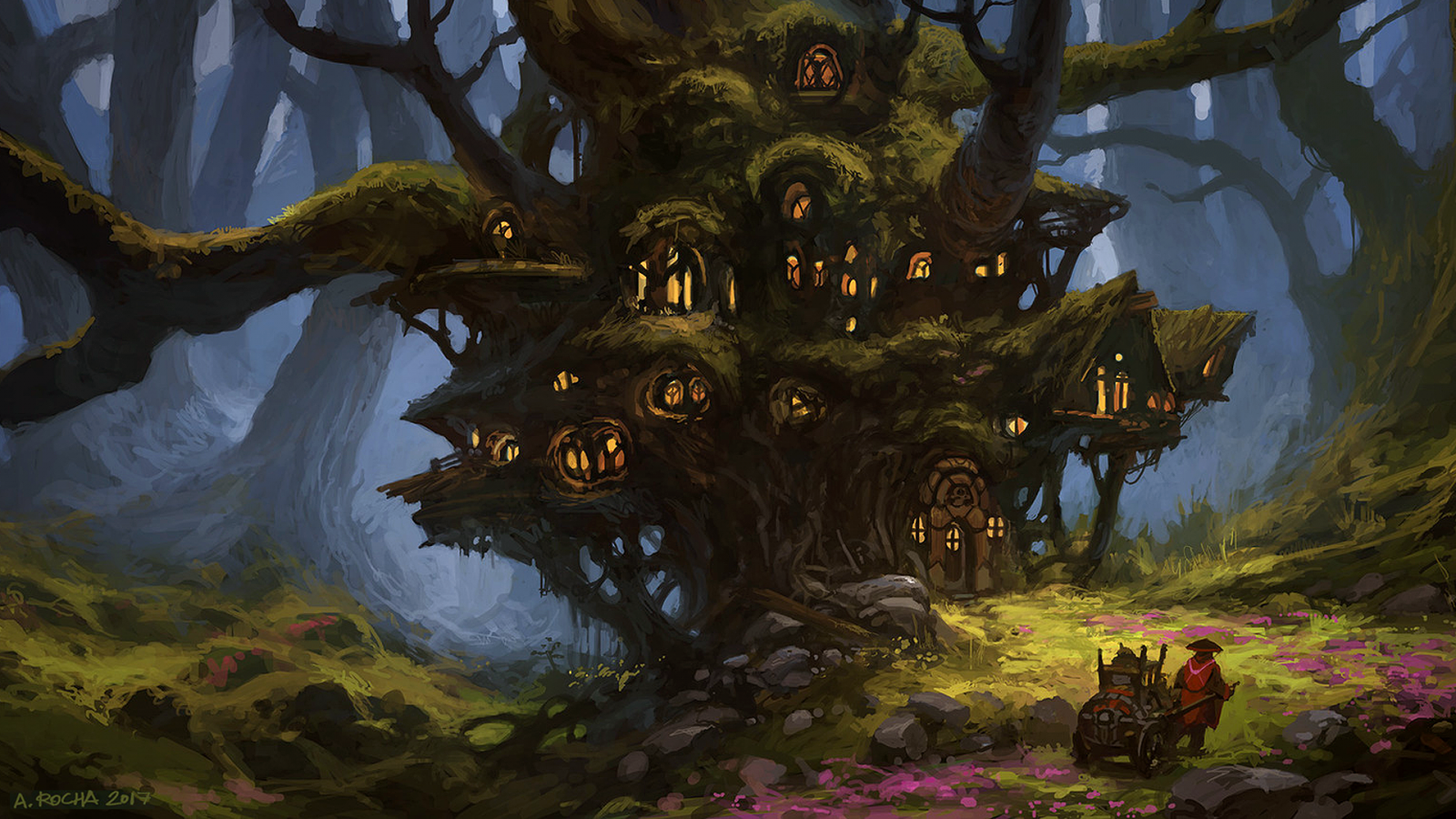 Wallpaper Andreas Rocha, artwork, digital art, forest, carriage, tree