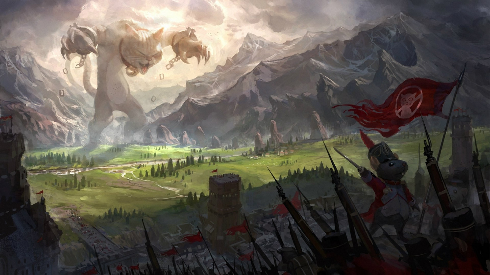 krajina, malování, digitální umění, myši, zvěř, anime, nebe, válka, bitva, umělecká díla, svět, válečný, UMĚNÍ, hora, kočky, Snímek obrazovky, 1920x1080 px, počítač tapeta, geologický fenomén, visual arts, cg artwork, visual effects, environmental art