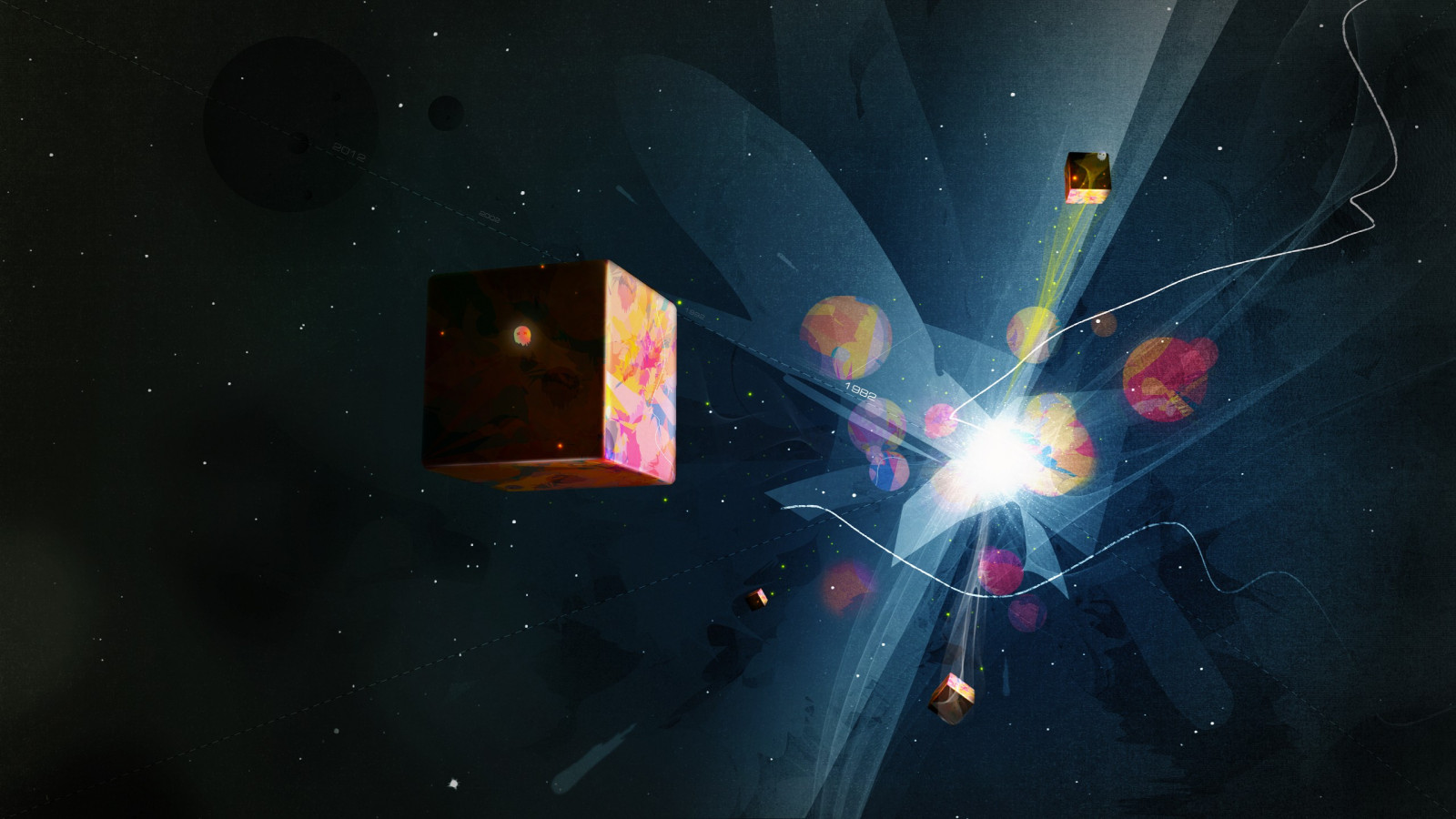 digitální umění, fantasy umění, neon, abstraktní, prostor, čísla, CGI, krychle, mlhovina, čáry, vesmír, astronomie, 3d objekt, hvězda, tma, Snímek obrazovky, počítač tapeta, Atmosféra Země, vesmír, astronomický objekt