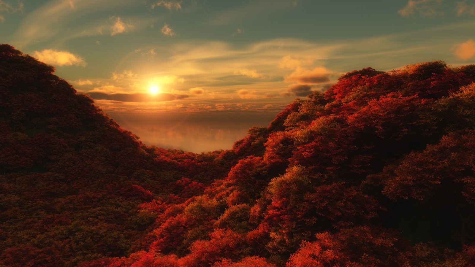Wallpaper sunlight, trees, landscape, forest, fall, sunset, sea, hill