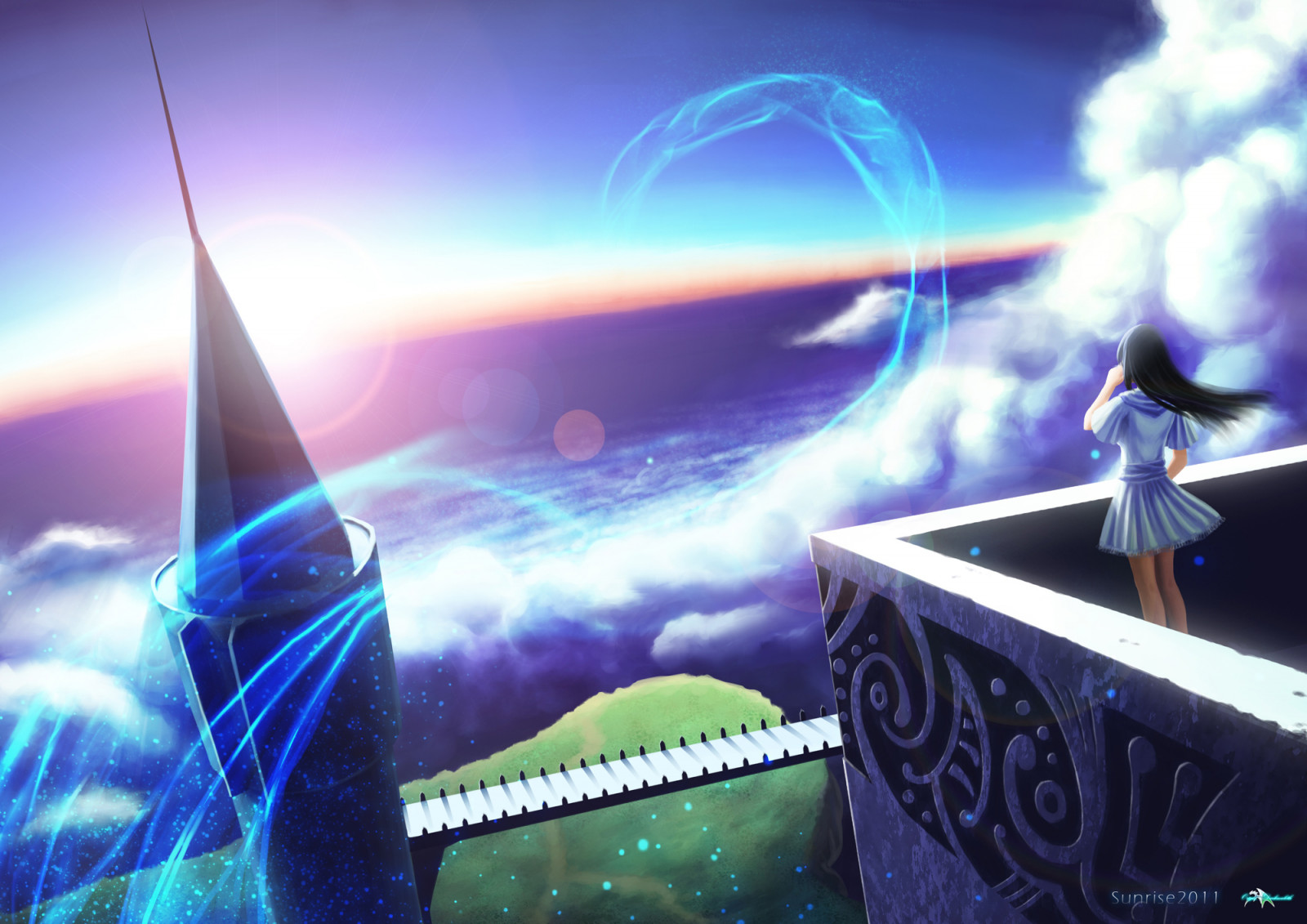 2000x1414 px, Anime, Brücke, Schloss, Wolken, Mädchen, Horizont, Magie, Original, Meer, Himmel, Sonne, Sonnenuntergang, Turm, Wasser