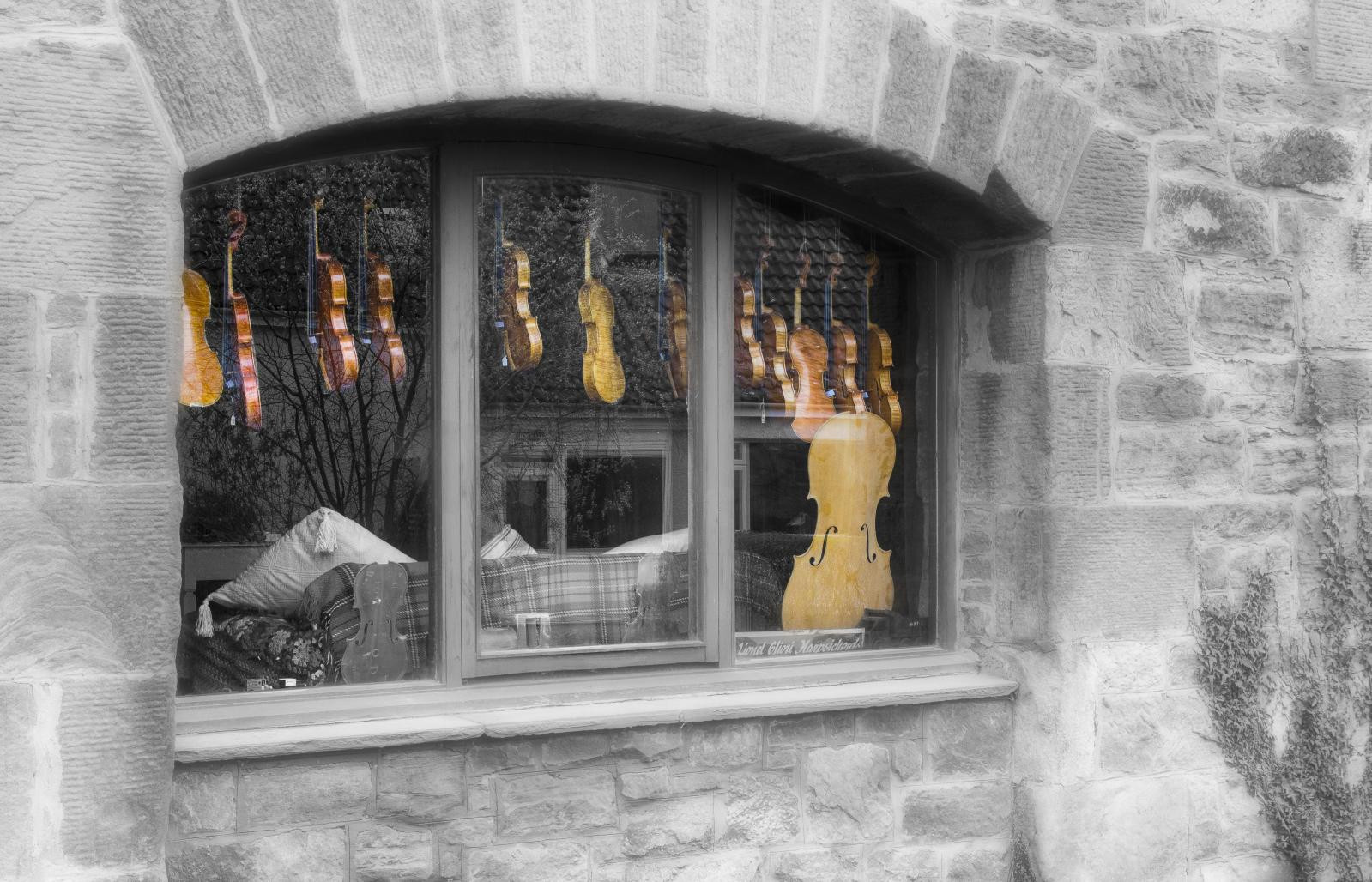 dřevo, Černý a bílý, hudba, okno, sklenka, kámen, odrazy, oblouk, Zobrazit, pokoj, místnost, hudební, housle, nástroj, selectivecolour