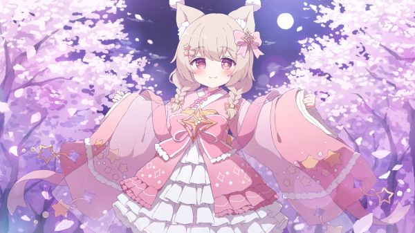 anime,clouds,flowers,Pixiv,animal ears,blushing
